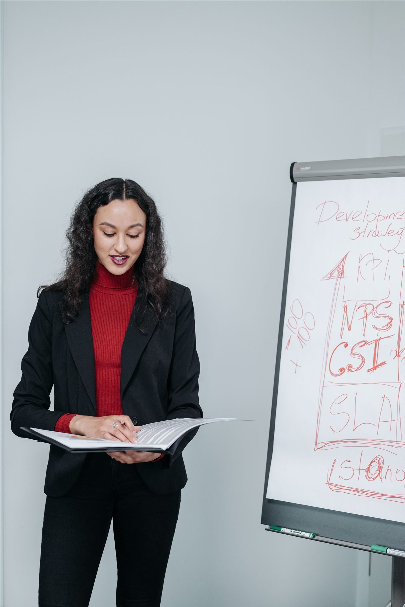 A presenter walking through a plan next to a flipchart